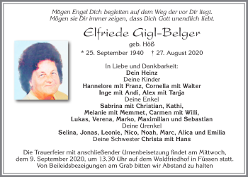 Traueranzeige von Elfriede Gigl-Belger von Allgäuer Zeitung, Füssen