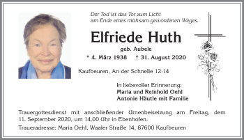 Traueranzeige von Elfriede Huth von Allgäuer Zeitung