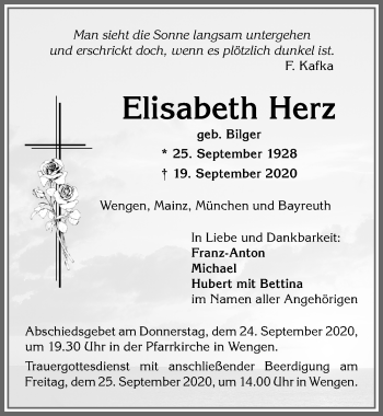 Traueranzeige von Elisabeth Herz von Allgäuer Zeitung,Kempten