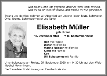 Traueranzeige von Elisabeth Müller von Memminger Zeitung