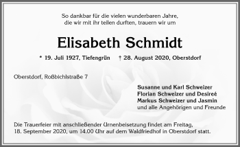 Traueranzeige von Elisabeth Schmidt von Allgäuer Anzeigeblatt