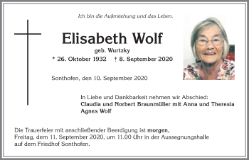 Traueranzeige von Elisabeth Wolf von Allgäuer Anzeigeblatt