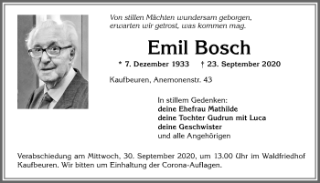 Traueranzeige von Emil Bosch von Allgäuer Zeitung, Kaufbeuren/Buchloe