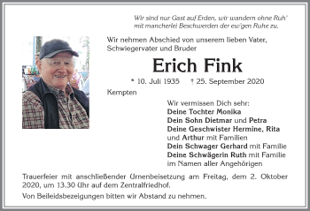 Traueranzeige von Erich Fink von Allgäuer Zeitung,Kempten