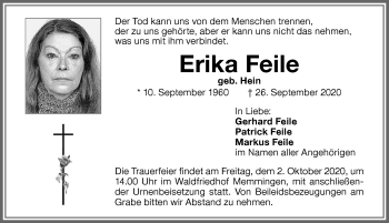 Traueranzeige von Erika Feile von Memminger Zeitung