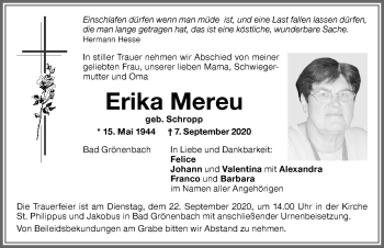 Traueranzeige von Erika Mereu von Memminger Zeitung
