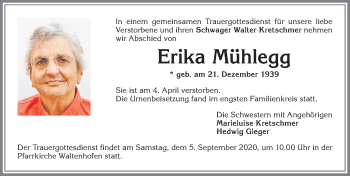 Traueranzeige von Erika Mühlegg von Allgäuer Zeitung,Kempten