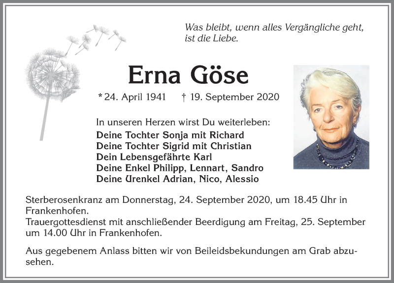  Traueranzeige für Erna Göse vom 23.09.2020 aus Allgäuer Zeitung, Kaufbeuren/Buchloe