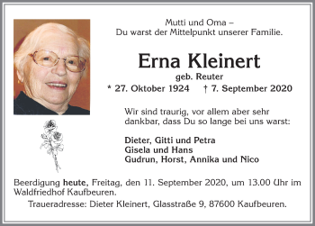 Traueranzeige von Erna Kleinert von Allgäuer Zeitung, Kaufbeuren/Buchloe