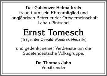 Traueranzeige von Ernst Tomesch von Allgäuer Zeitung, Kaufbeuren/Buchloe