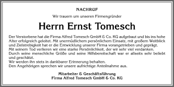 Traueranzeige von Ernst Tomesch von Allgäuer Zeitung, Kaufbeuren/Buchloe