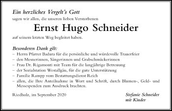 Traueranzeige von Ernst Hugo Schneider von Der Westallgäuer