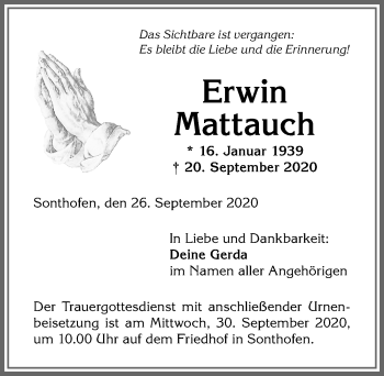 Traueranzeige von Erwin Mattauch von Allgäuer Anzeigeblatt