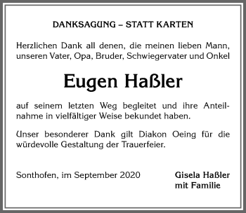 Traueranzeige von Eugen Haßler von Allgäuer Anzeigeblatt