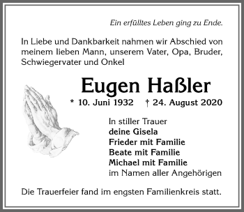 Traueranzeige von Eugen Haßler von Allgäuer Anzeigeblatt
