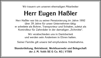 Traueranzeige von Eugen Haßler von Allgäuer Anzeigeblatt
