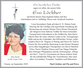 Traueranzeige von Eva Löckher von Allgäuer Zeitung, Füssen