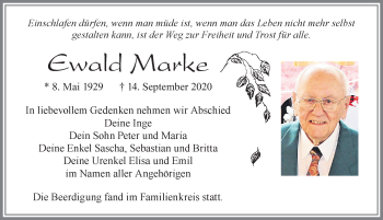 Traueranzeige von Ewald Marke von Allgäuer Zeitung, Marktoberdorf