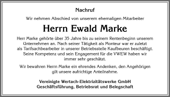 Traueranzeige von Ewald Marke von Allgäuer Zeitung, Marktoberdorf