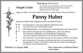 Traueranzeige von Fanny Huber von Allgäuer Anzeigeblatt