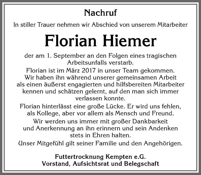  Traueranzeige für Florian Hiemer vom 12.09.2020 aus Allgäuer Zeitung,Kempten