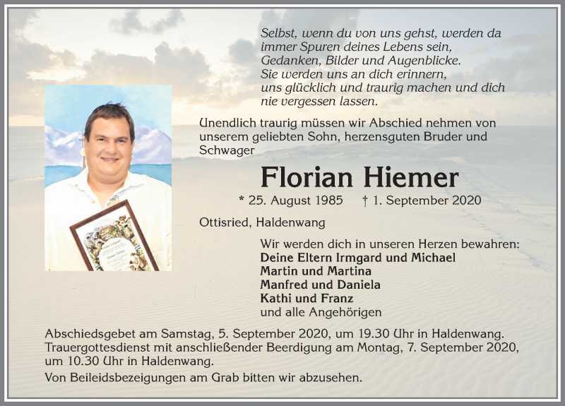  Traueranzeige für Florian Hiemer vom 04.09.2020 aus Allgäuer Zeitung,Kempten