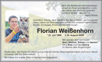 Traueranzeige von Florian Weißenhorn von Memminger Zeitung