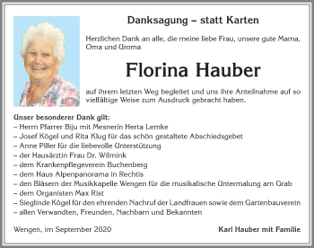 Traueranzeige von Florina Hauber von Allgäuer Zeitung,Kempten