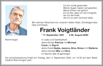 Traueranzeige von Frank Voigtländer von Memminger Zeitung