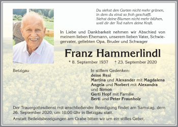 Traueranzeige von Franz Hammerlindl von Allgäuer Zeitung,Kempten