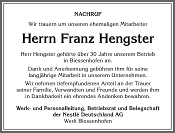 Traueranzeige von Franz Hengster von Allgäuer Zeitung