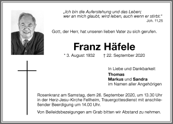 Traueranzeige von Franz Häfele von Memminger Zeitung
