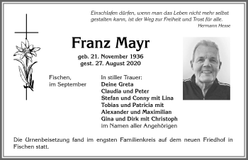 Traueranzeige von Franz Mayr von Allgäuer Anzeigeblatt