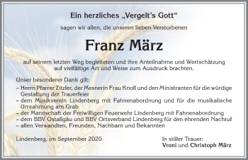 Traueranzeige von Franz März von Allgäuer Zeitung, Kaufbeuren/Buchloe