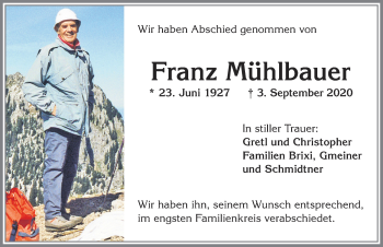 Traueranzeige von Franz Mühlbauer von Allgäuer Zeitung,Kempten