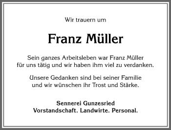 Traueranzeige von Franz Müller von Allgäuer Anzeigeblatt