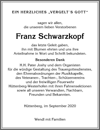 Traueranzeige von Franz Schwarzkopf von Allgäuer Anzeigeblatt