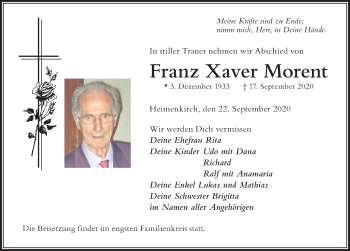Traueranzeige von Franz Xaver Morent von Der Westallgäuer