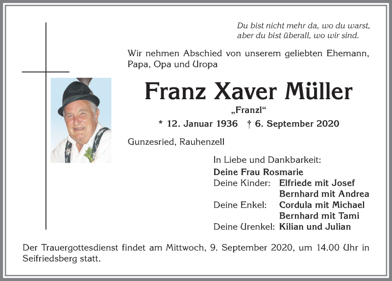  Traueranzeige für Franz Xaver Müller vom 08.09.2020 aus Allgäuer Anzeigeblatt