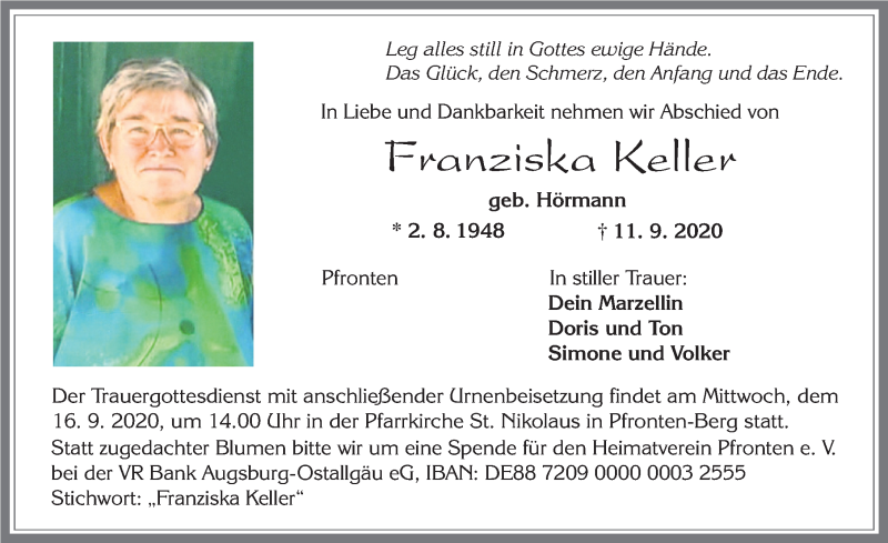  Traueranzeige für Franziska Keller vom 14.09.2020 aus Allgäuer Zeitung, Füssen