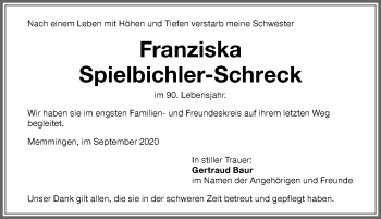 Traueranzeige von Franziska Spielbichler-Schreck von Memminger Zeitung