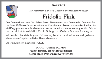 Traueranzeige von Fridolin Fink von Allgäuer Anzeigeblatt