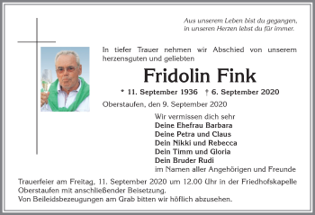 Traueranzeige von Fridolin Fink von Allgäuer Anzeigeblatt