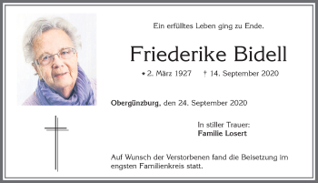 Traueranzeige von Friederike Bidell von Allgäuer Zeitung, Marktoberdorf