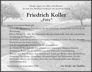 Traueranzeige von Friedrich Koller von Der Westallgäuer