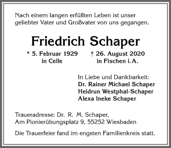 Traueranzeige von Friedrich Schaper von Allgäuer Anzeigeblatt