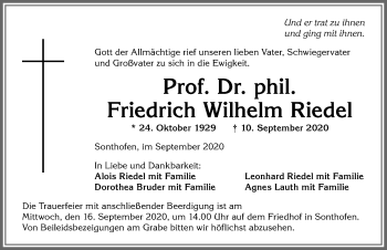 Traueranzeige von Friedrich Wilhelm Riedel von Allgäuer Anzeigeblatt