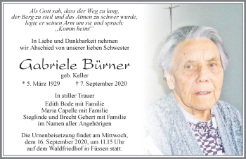 Traueranzeige von Gabriele Bürner von Allgäuer Zeitung, Füssen
