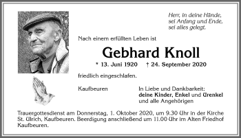 Traueranzeige von Gebhard Knoll von Allgäuer Zeitung, Kaufbeuren/Buchloe