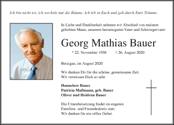 Traueranzeige von Georg Mathias Bauer von Allgäuer Zeitung,Kempten